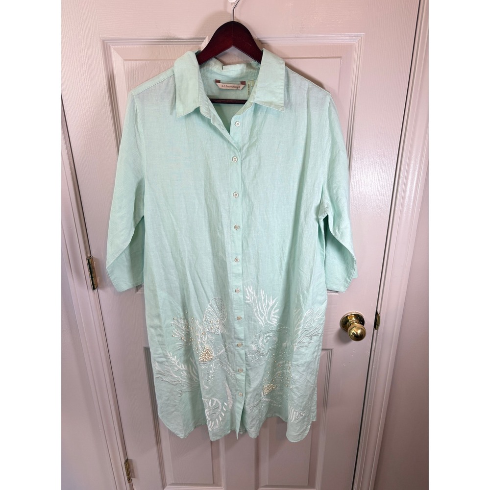 Soft Surroundings Mint Green Linen Blend Embroidered Shell Shirt Dress L 29607